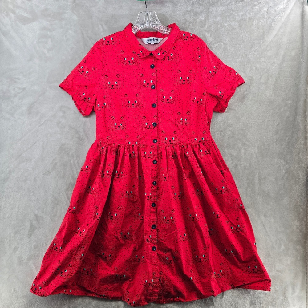 Harkel Womens 12 Shirt Dress Red Cat Face Print Short Sleeve Button Front Retro